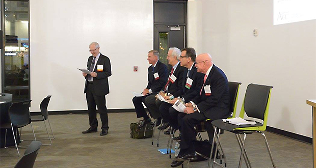 Dennis J. White of Verrill Dana moderates the panel, comprised of (from left): Paul T. Dacier, former vice president and general counsel of EMC Corp.; Andrew Snider, CEO of Snider Associates; Brian Berube, senior vice president and general counsel of Cabot Corp.; and Bruce Blessington, former CEO of Ferraris Group