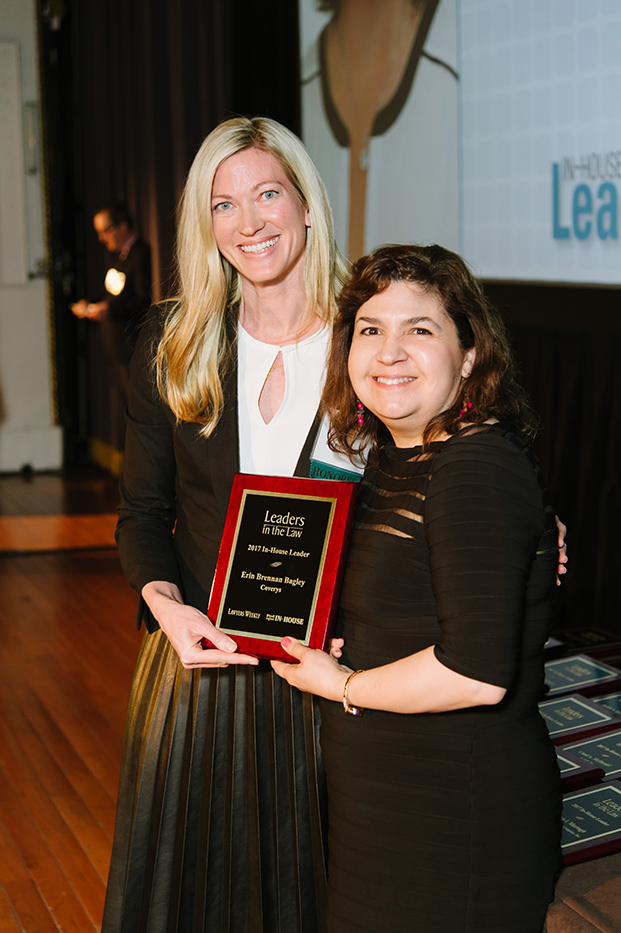 Erin Brennan Bagley of Coverys (left) with Lawyers Weekly Publisher Susan Bocamazo 