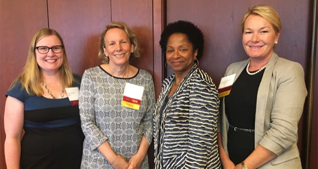 The speakers (from left): Jenny Waters, executive director of the National Association of Women Lawyers; Chase Rogers, former chief justice of the Connecticut Supreme Court and now of Day Pitney; Karen Morton, senior vice president and deputy general counsel at Liberty Mutual; Carrie Webb Olson of Day Pitney