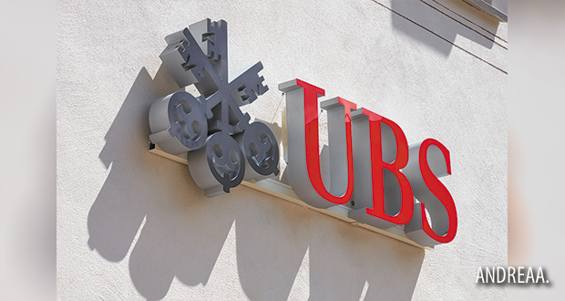 SANKT MORITZ, SWITZERLAND - AUGUST 16, 2018: UBS swiss bank sign