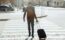 Worker crossing street with luggage for travel